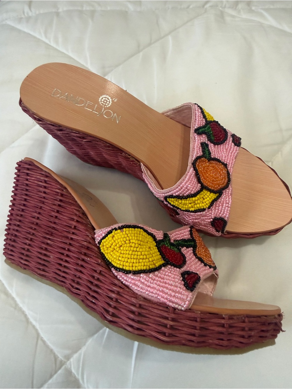 Pink Beaded Fruit Wedge Sandals